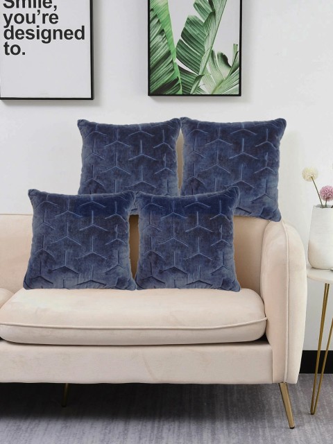 

LUXENMEAD Navy Blue Set of 4 Self Design Square Cushion Covers