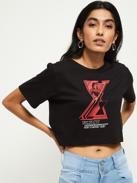 

max Women Black Printed Round Neck T-shirt
