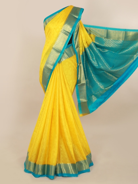 

Pothys Yellow & Blue Pure Silk Solid Mysore Silk Saree