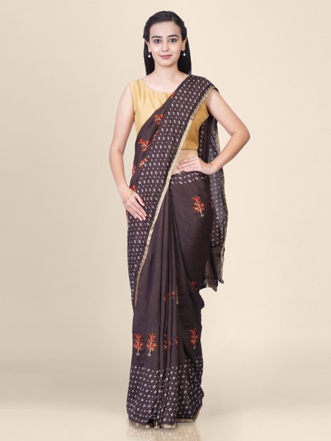 

Hastakala Brown Pure Linen Embroidered Banarasi Handloom Saree