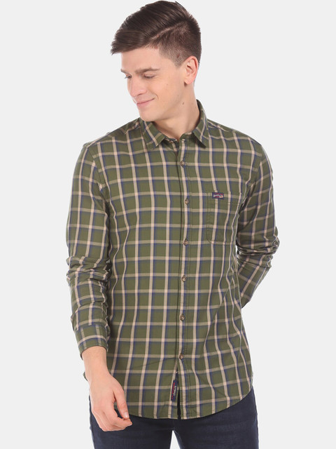 

U.S. Polo Assn. Denim Co. Men Olive Green Regular Fit Checked Cotton Casual Shirt