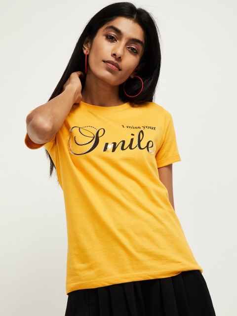 

max Women Yellow Printed Round Neck Cotton Pure Cotton T-shirt