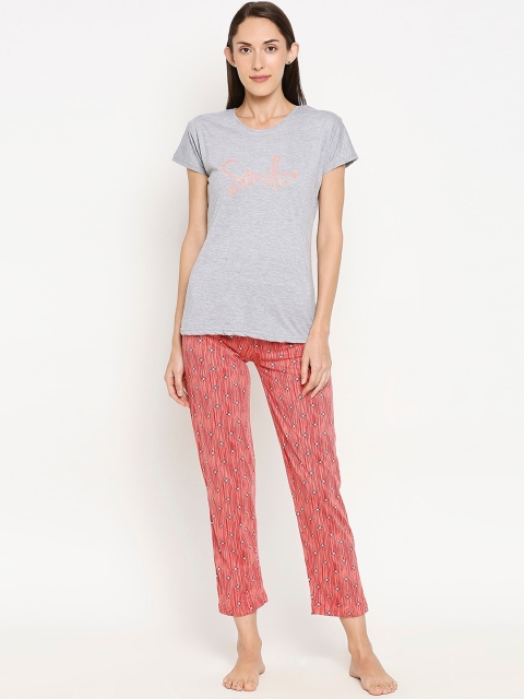 

Pretty Awesome Women Grey & Coral Orange Printed Night Suit