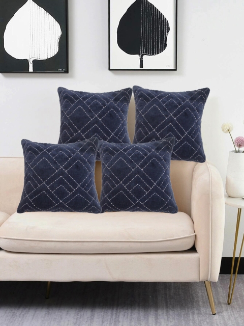

LUXENMEAD Navy Blue Set of 4 Embroidered Rectangle Cushion Covers