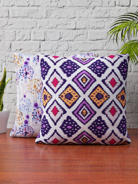 

SHIVANAA HOMES White & Purple Set of 2 Geometric Square Cushion Covers