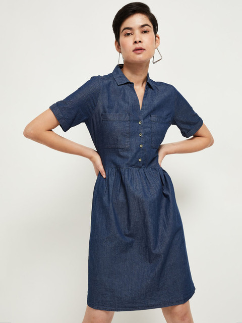 

max Women Navy Blue Solid Cotton Shirt Dress