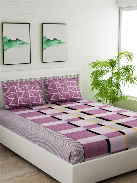 

Salona Bichona Magenta & Grey Abstract 144 TC Cotton 1 Queen Bedsheet with 2 Pillow Covers