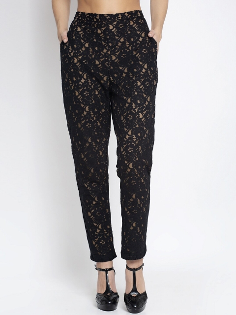 

Just Wow Women Black & Beige Regular Fit Floral Self Design Regular Trousers