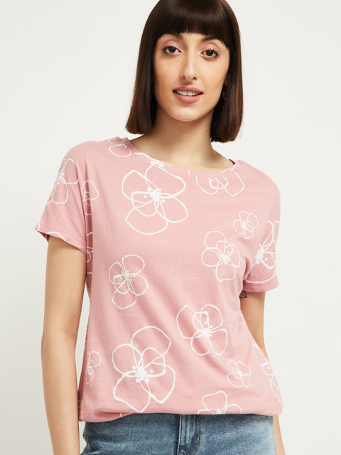 

max Women Pink Printed Round Neck T-shirt