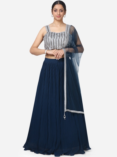 

BOMBAY SELECTIONS Blue & Silver-Toned Embellished Ready to Wear Lehenga & Blouse with Dupatta