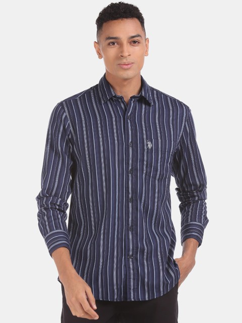 

U.S. Polo Assn. Men Navy Blue & Grey Regular Fit Striped Casual Shirt