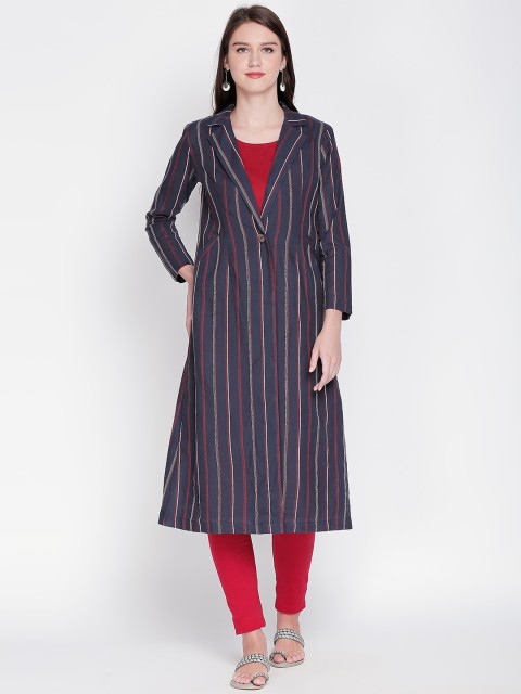 

RANGMANCH BY PANTALOONS Women Navy Blue Striped Notched Lapel Collar Kurta