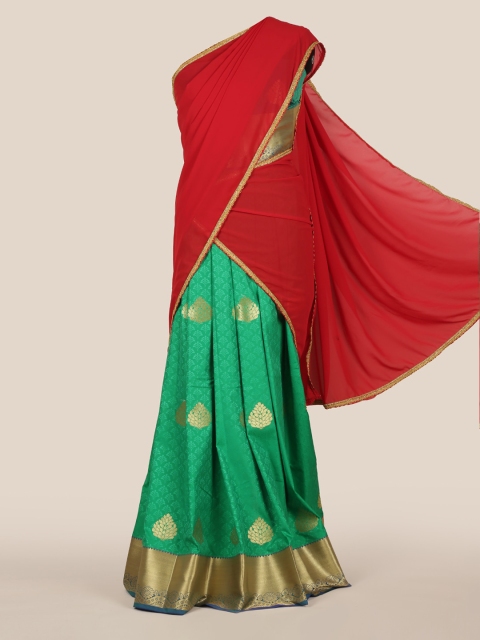 

Pothys Red & Green Poly Chiffon Solid Lehenga Half Saree