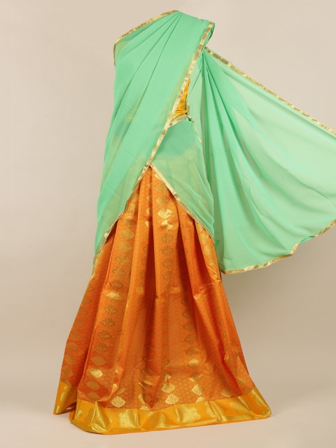

Pothys Green & Orange Poly Chiffon Woven Design Lehenga Half Saree