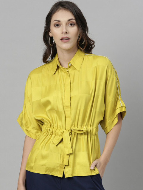 

RAREISM Yellow Checked Batwing Sleeves Shirt Style Top