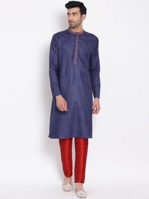 

DEVOILER Men Blue Thread Work Woven Design Mandarin Collar Regular Sleeves Kurta