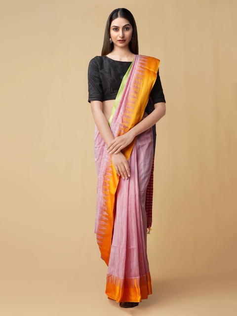 Unnati Silks Red Striped Pure Linen Saree
