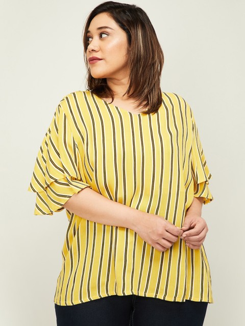 

nexus Women Yellow Striped Flared Sleeves A-Line Top