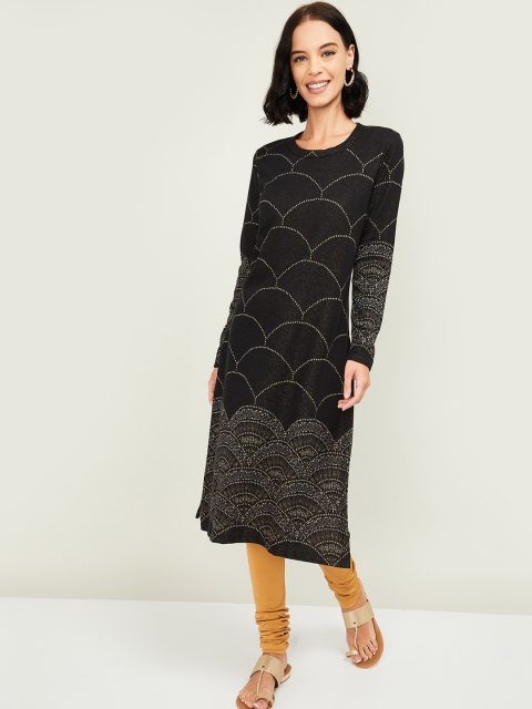

Melange by Lifestyle Women Black & Gold-Coloured Printed Straight Kurta