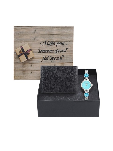 

Hobforestessentials Women Steel-Toned & Blue Analogue Watch & Two-Fold Wallet Gift Set