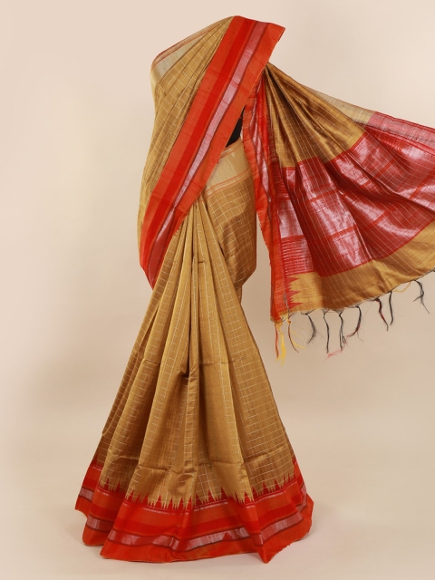 

Pothys Brown & Red Jute Silk Checked Saree