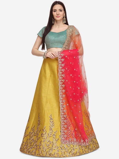 

NAKKASHI Yellow & Green Embroidered Semi-Stitched Lehenga & Unstitched Blouse with Dupatta