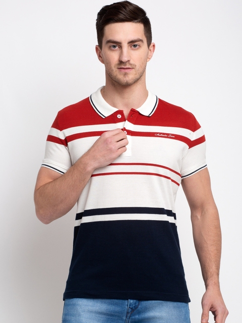 

Rodamo Men White & Red Striped Polo Collar T-shirt