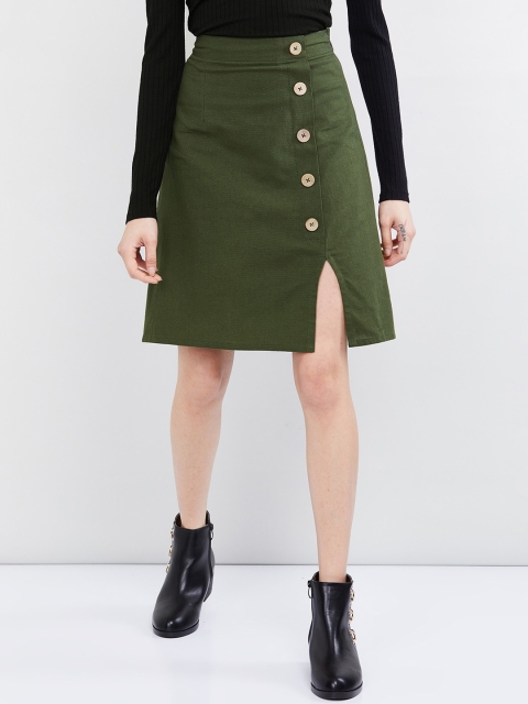 max Women Olive-Green Solid Cotton A-Line Skirt
