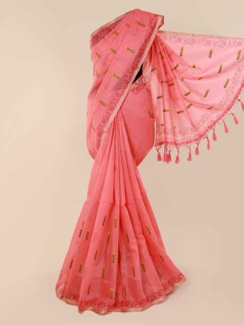 

Pothys Pink Cotton Blend Embroidered Chanderi Saree