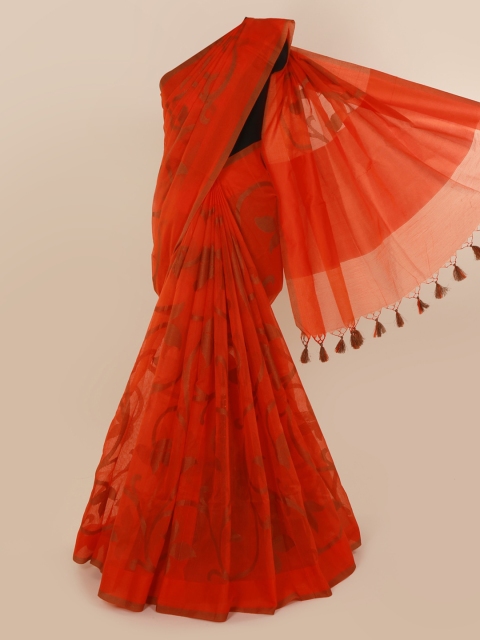 

Pothys Orange Printed Cotton Blend Saree With Tasseled Pallu
