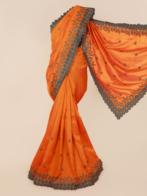

Pothys Orange Embroidered Art Silk Saree