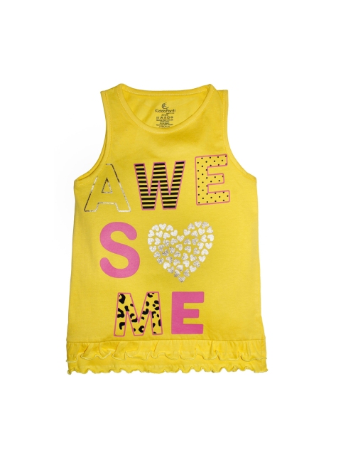 

KiddoPanti Girls Yellow Printed Round Neck Pure Cotton T-shirt