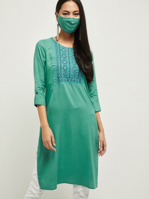 

Max Women Green Navy Blue Yoke Design Kurta