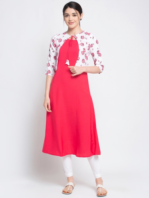 

ALC Creations Women Peach-Coloured & White Floral Printed Layered A-Line Kurta