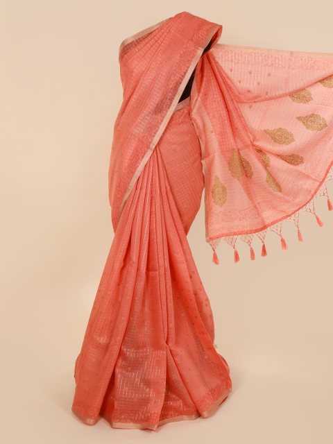 Pothys Peach-Coloured Cotton Blend Solid Chanderi Saree