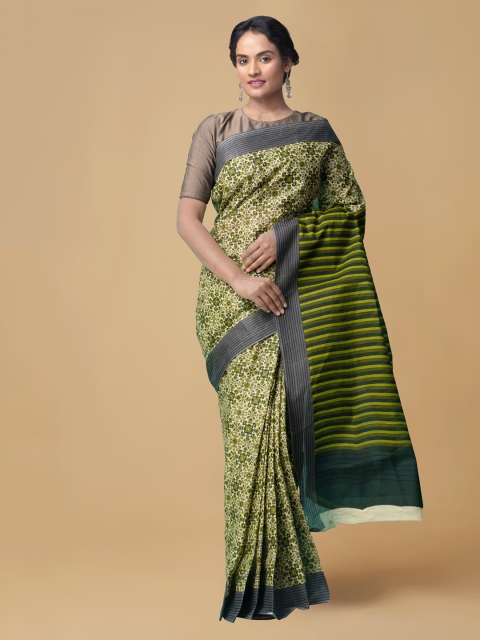 

Unnati Silks Green & Black Pure Cotton Printed Handloom Kovai Saree