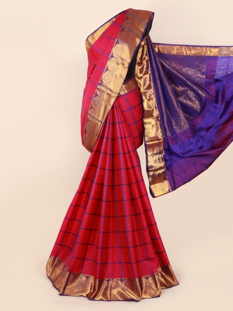 

Pothys Magenta & Gold-Toned Pure Silk Checked Kanjeevaram Saree