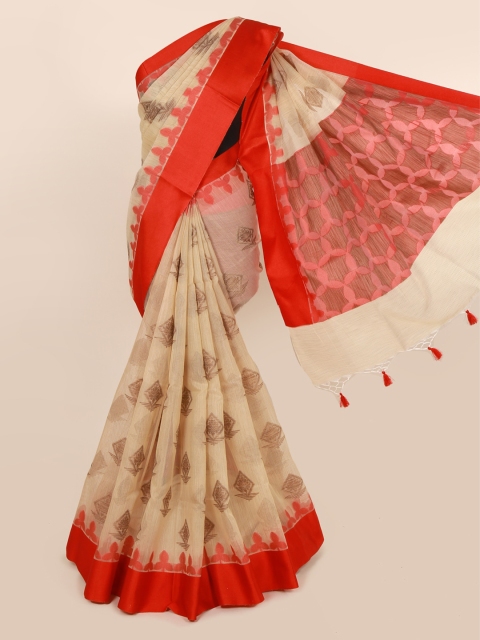 

Pothys Cream-Coloured & Red Cotton Blend Woven Design Saree