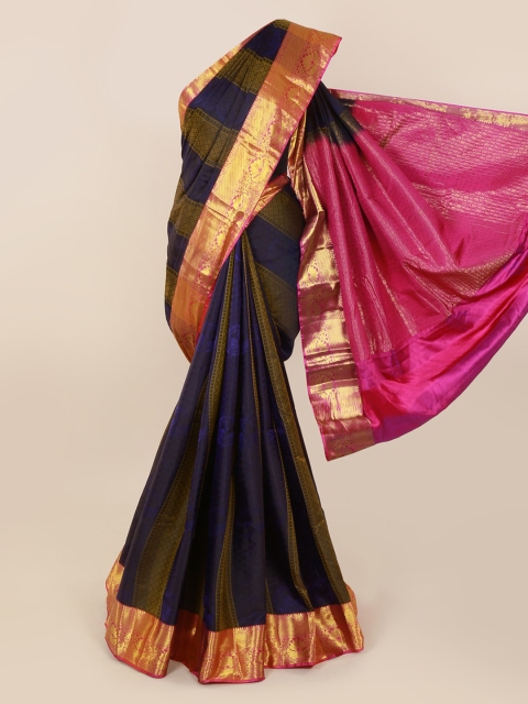

Pothys Navy Blue & Olive Green Pure Silk Printed Kanjeevaram Saree