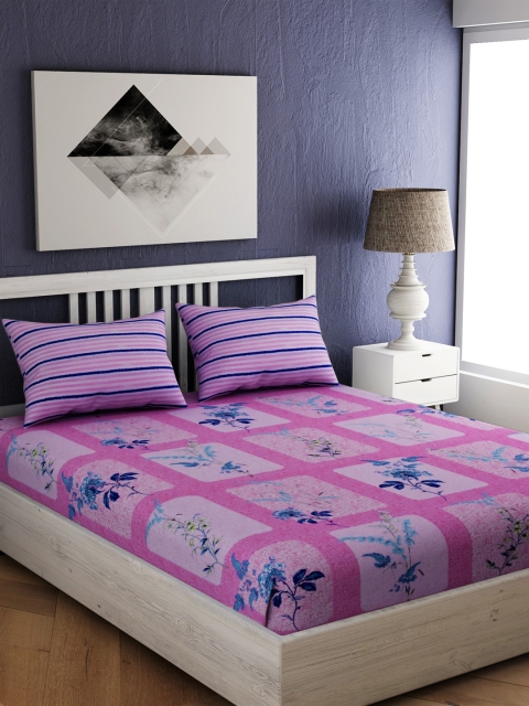

EverHOME Pink & Blue Floral 210 TC Cotton 1 Queen Bedsheet with 2 Pillow Covers