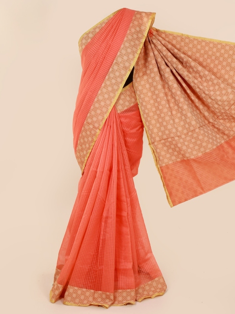 Pothys Peach-Coloured Striped Cotton Blend Saree