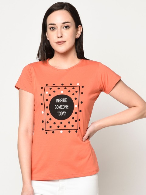 

FABNEST Women Orange Printed Round Neck T-shirt