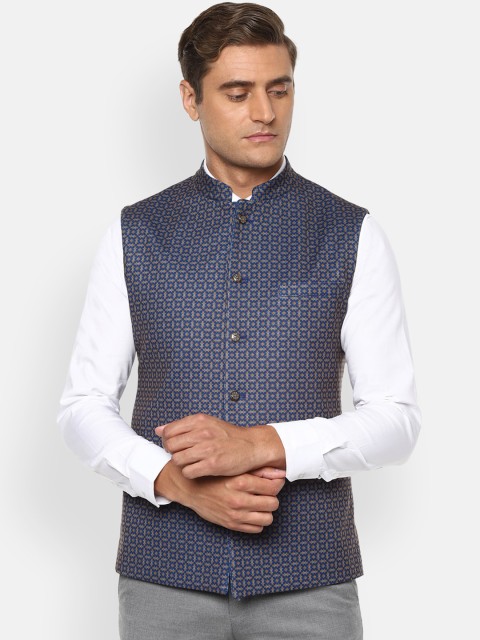 

V Dot Men Navy Blue Printed Waistcoat