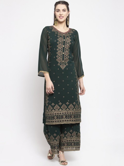 

KHALOM Women Green & Gold-Toned Printed Kurta with Palazzos & Dupatta