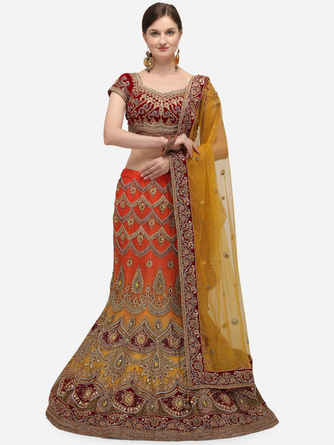 

NAKKASHI Yellow & Orange Embroidered Semi-Stitched Lehenga & Unstitched Blouse & Dupatta