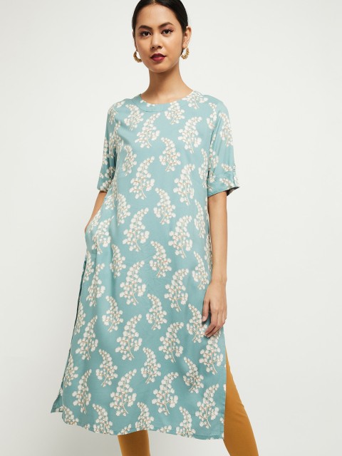 

Max Women Blue & Off White Floral Printed A-Line Kurta