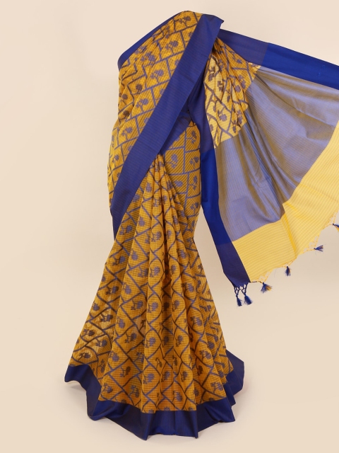 

Pothys Yellow & Blue Cotton Blend Printed Saree
