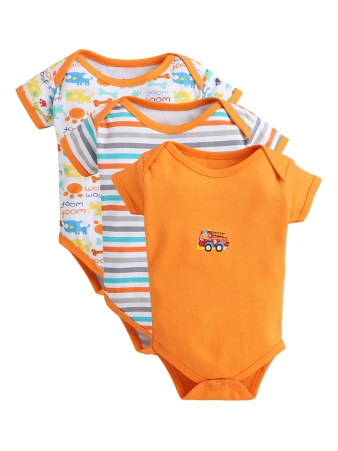 

BUMZEE Infant Kids Pack Of 3 Orange & White Printed Bodysuits