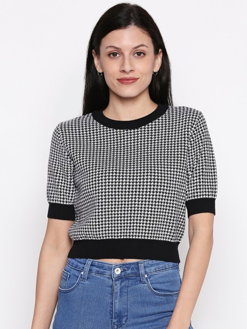 

People Black & White Printed Pure Cotton Blouson Crop Top
