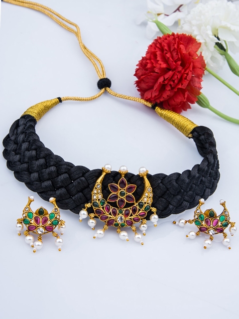 

Alankruthi Gold-Plated Pink & Green CZ-Studded Beaded Jewellery Set